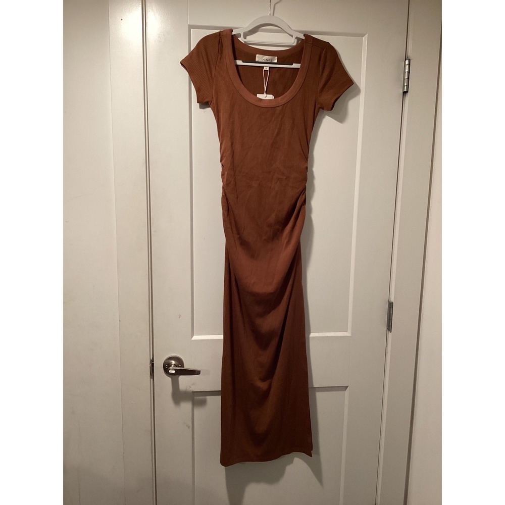 L*Space Valencia Dress Coffee‎ Brown Ribbed Ruched Midi Scoop Neck XS VALDR23